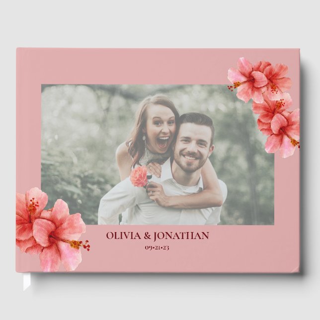 Modern Watercolor Flower Custom Photo Wedding Guest Book (Front)