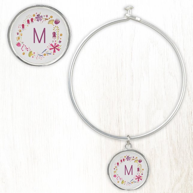 Modern Watercolor Flower Monogram Bangle Bracelet (Modern monogram initial personalized watercolor wildflower floral bangle bracelet)