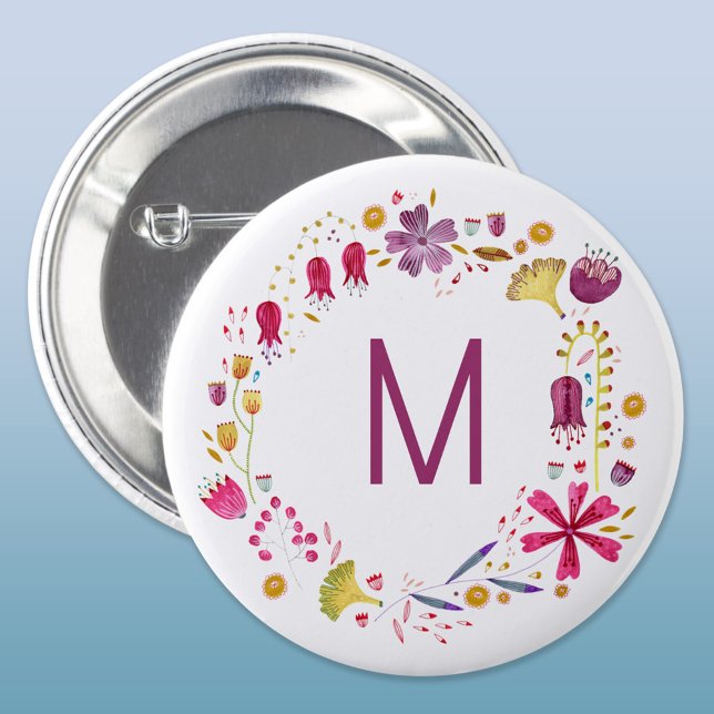 Modern Watercolor Flower Monogram Button (Modern monogram initial personalized watercolor wildflower floral button)