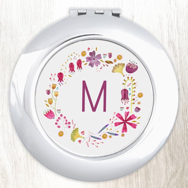 Modern Watercolor Flower Monogram Compact Mirror (Modern monogram initial personalized watercolor wildflower floral compact mirror)
