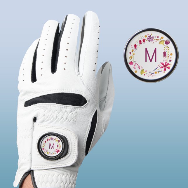 Modern Watercolor Flower Monogram Golf Glove (Modern monogram initial personalized watercolor wildflower floral golf glove with marker)