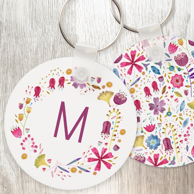 Modern Watercolor Flower Monogram Keychain (Modern monogram initial personalized watercolor wildflower floral key ring)