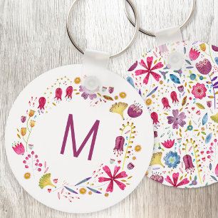 Modern Watercolor Flower Monogram Keychain