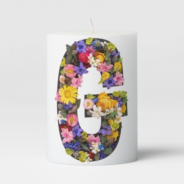 Modern Watercolor Flower Monogram Pillar Candle (Front)
