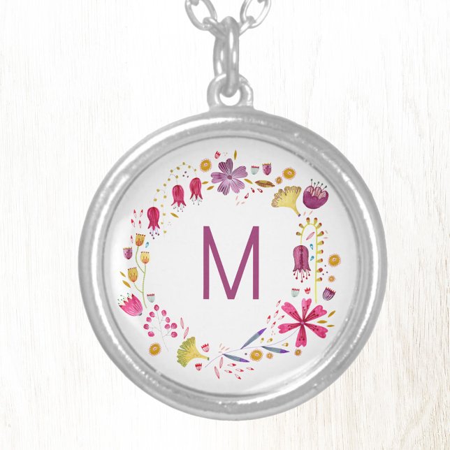 Modern Watercolor Flower Monogram Silver Plated Necklace (Modern monogram initial personalized watercolor wildflower floral silver plated necklace)