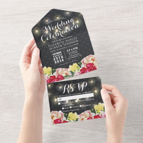 Modern Watercolor Flower String Light Wedding RSVP All In One Invitation