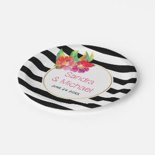 Modern, watercolor flower & stripes floral wedding paper plates