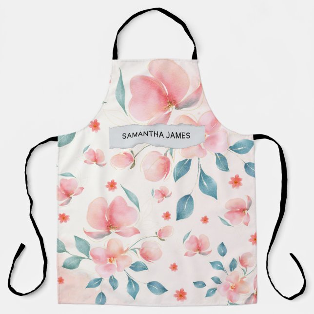 Modern Watercolor Flowers & Kraft Personalized Gif Apron (Front)