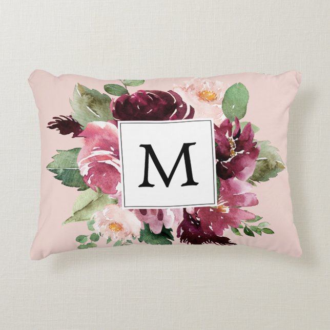 Modern Watercolor Flowers Monogrammed Accent Pillow (Front)