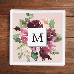 Modern Watercolor Flowers Monogrammed Acrylic Tray