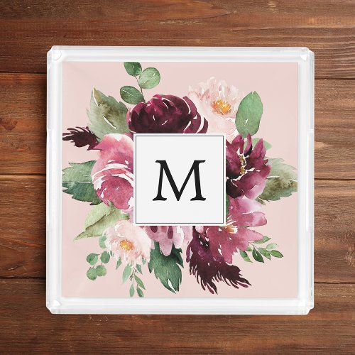 Modern Watercolor Flowers Monogrammed Acrylic Tray
