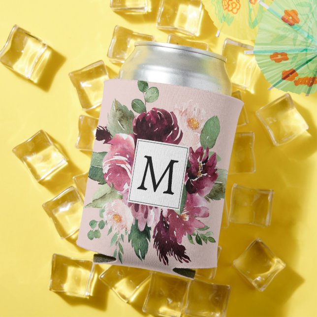 Modern Watercolor Flowers Monogrammed Can Cooler (In Situ Summer)
