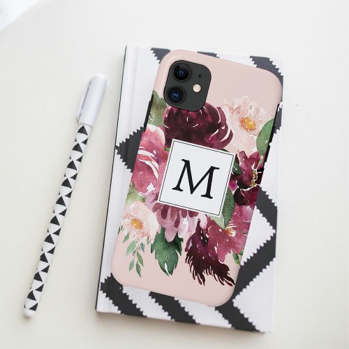 Modern Watercolor Flowers Monogrammed iPhone 11 Case