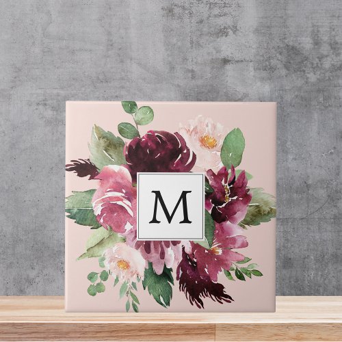 Modern Watercolor Flowers Monogrammed Ceramic Tile