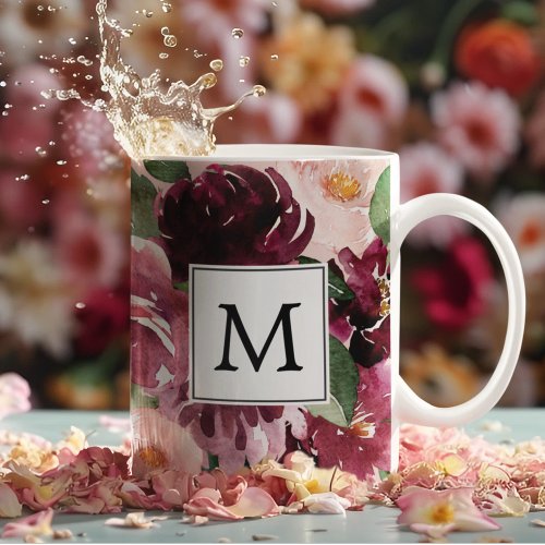 Modern Watercolor Flowers Monogrammed Coffee Mug