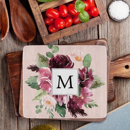 Modern Watercolor Flowers Monogrammed Cutting Board