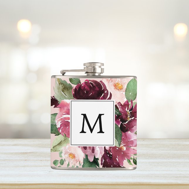Modern Watercolor Flowers Monogrammed Flask (Creator Uploaded)