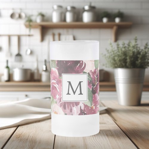 Modern Watercolor Flowers Monogrammed Frosted Glass Beer Mug