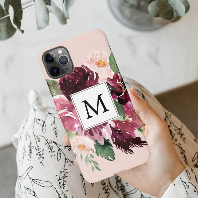 Modern Watercolor Flowers Monogrammed iPhone Case (Creator Uploaded)