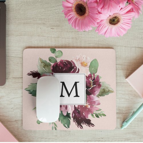 Modern Watercolor Flowers Monogrammed Mouse Pad