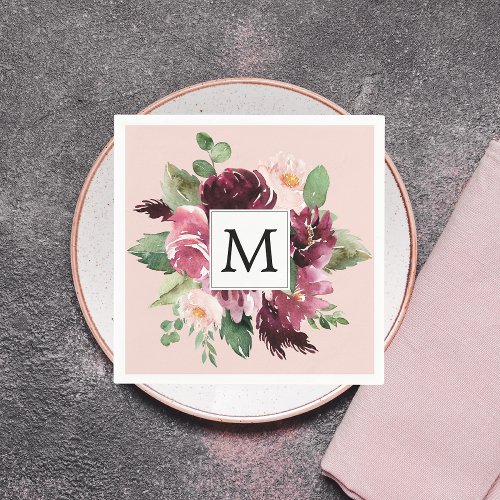 Modern Watercolor Flowers Monogrammed Napkins