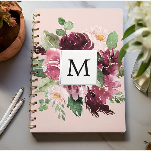 Modern Watercolor Flowers Monogrammed Notebook