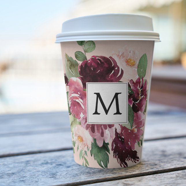 Modern Watercolor Flowers Monogrammed Paper Cups (Creator Uploaded)