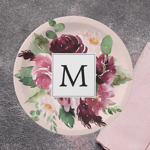 Modern Watercolor Flowers Monogrammed Paper Plates