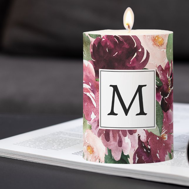 Modern Watercolor Flowers Monogrammed Pillar Candle (Creator Uploaded)