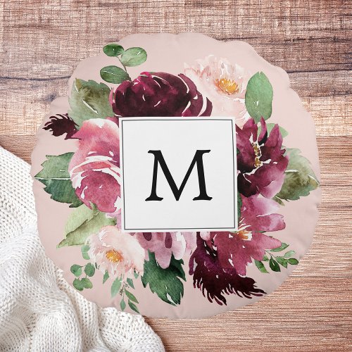 Modern Watercolor Flowers Monogrammed Round Pillow