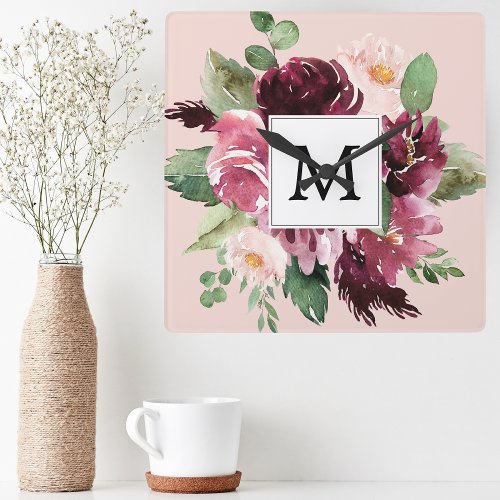 Modern Watercolor Flowers Monogrammed Square Wall Clock