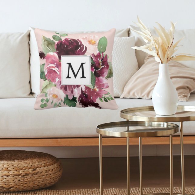 Modern Watercolor Flowers Monogrammed Throw Pillow (Creator Uploaded)