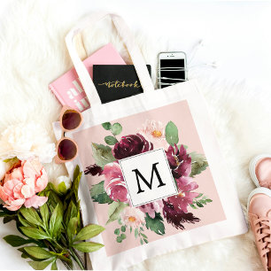 Modern Watercolor Flowers Monogrammed Tote Bag