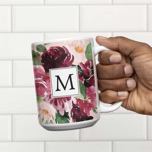 Modern Watercolor Flowers Monogrammed Two_Tone Coffee Mug