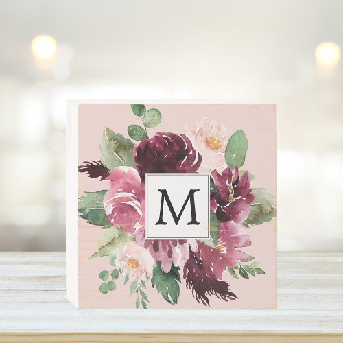 Modern Watercolor Flowers Monogrammed Wooden Box Sign