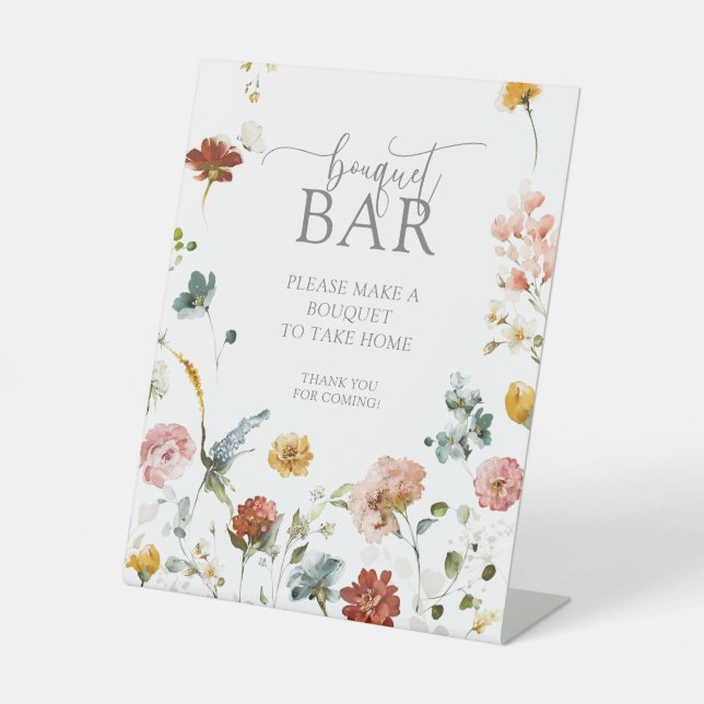 Modern Watercolor Flowers Shower Bouquet Bar Pedestal Sign (Front)