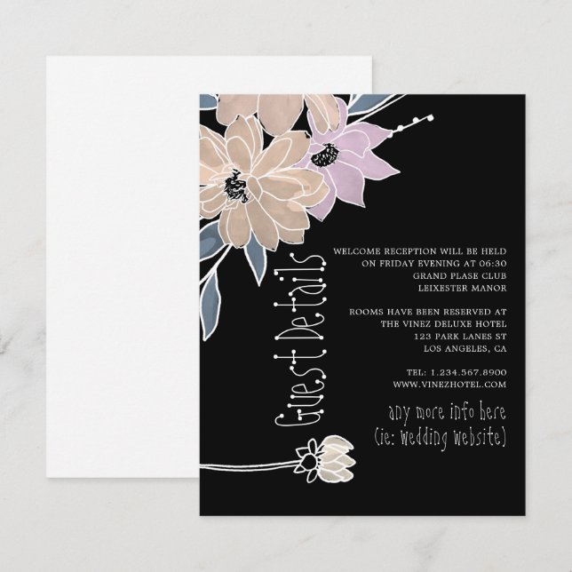 Modern Watercolor Flowers Wedding Guest Details Enclosure Card (Front/Back)