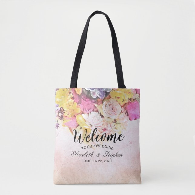 Modern Watercolor Flowers Wedding Welcome Gift Bag (Front)