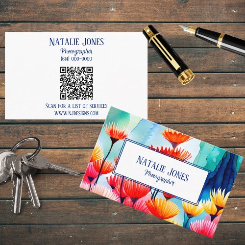 Modern Watercolor Flowers with QR Code Business Card