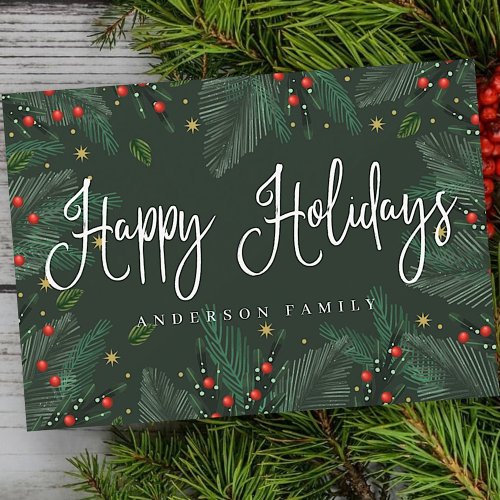 Modern Watercolor Foliage and Berries Happy Holiday Card
