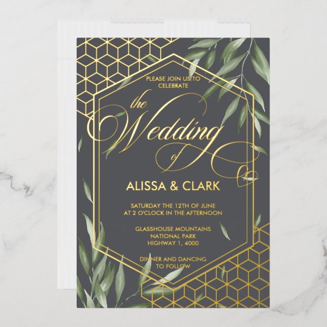 Modern Watercolor Foliage Bold Geometric Frame Foil Invitation (Envelope)