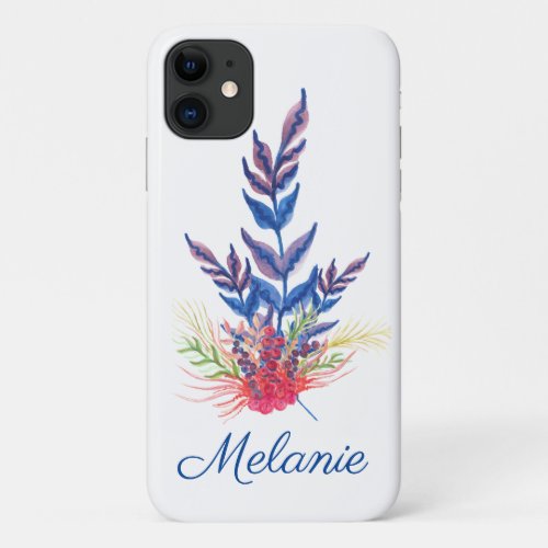 Modern Watercolor Foliage Name Blue Purple Red iPhone 11 Case