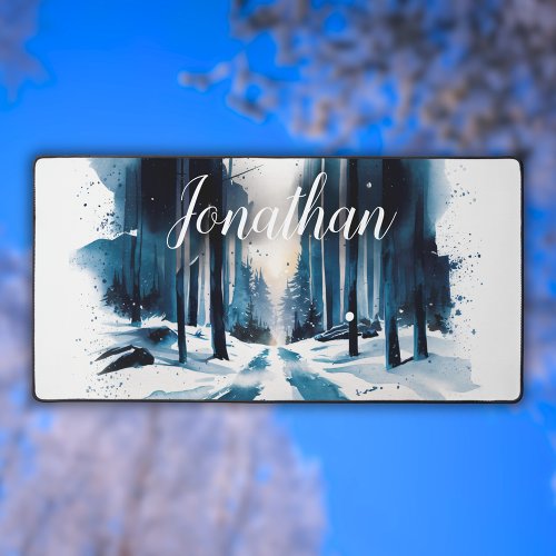 Modern Watercolor Forest Winter Landscape Desk Mat