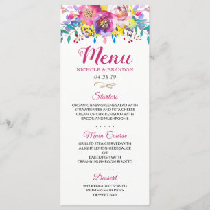 Modern Watercolor Fuchsia Gold Floral Wedding Menu