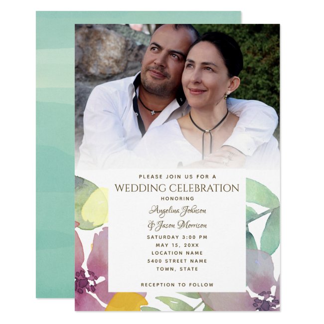 Modern Watercolor Giant Flowers Photo Wedding Invitation