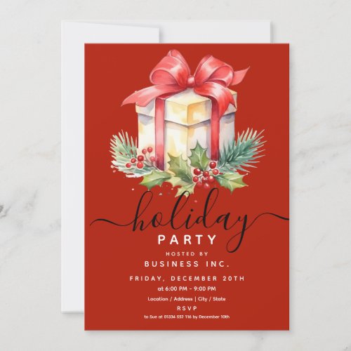 Modern Watercolor Gift Corporate Holiday Party Red Invitation