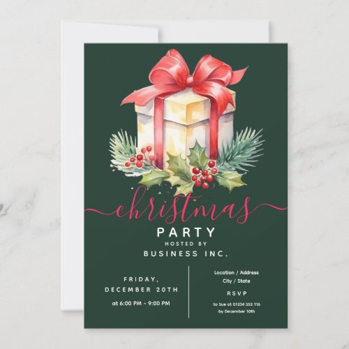 Modern Watercolor Gift Corporate Xmas Party Green Invitation