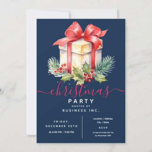 Modern Watercolor Gift Corporate Xmas Party Navy Invitation