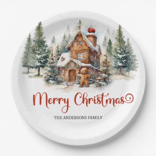 Modern watercolor gingerbread house in forest paper plates