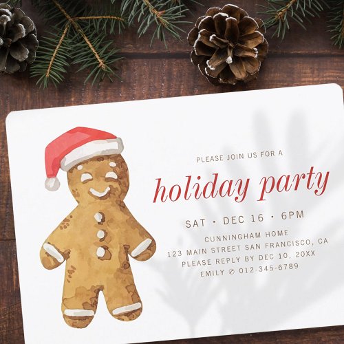 Modern Watercolor Gingerbread Man Holiday Party Invitation